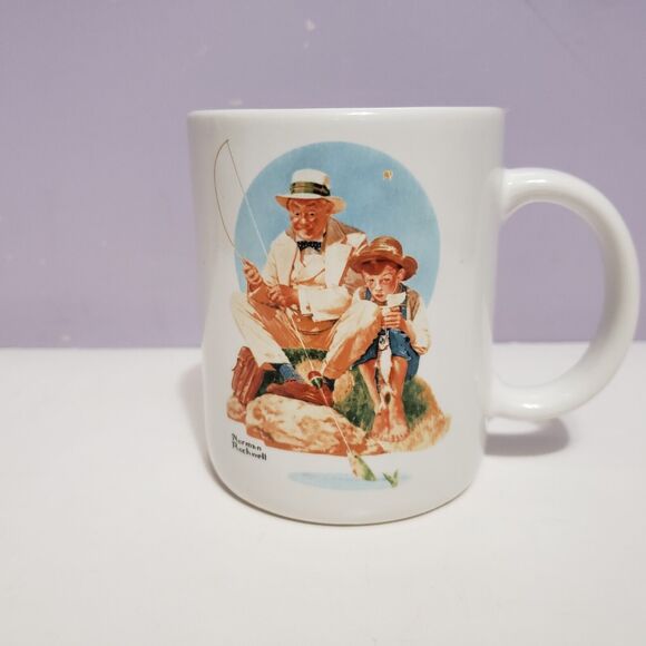Norman Rockwell Man / Boy Fishing White Coffee Cup Mug - Picture 1 of 7